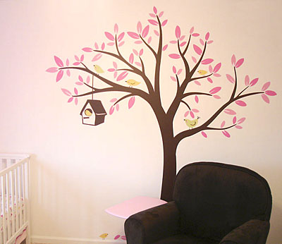 Flowing Tree Bird House with Birds - Vinyl Sticker Wall Decals for Girl or Boy Nursery